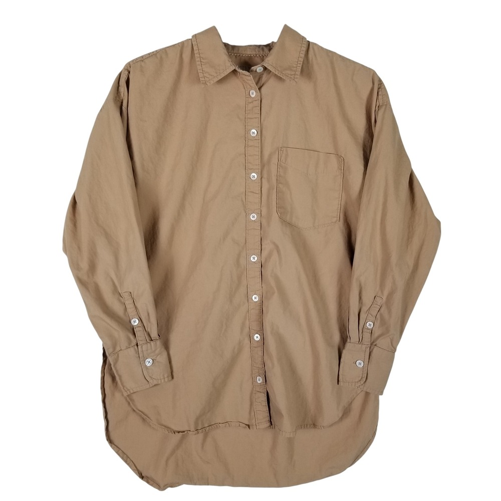 Maeve Anthropologie Button Down Shirt Womens Small Tan Cotton High Low Oversized
